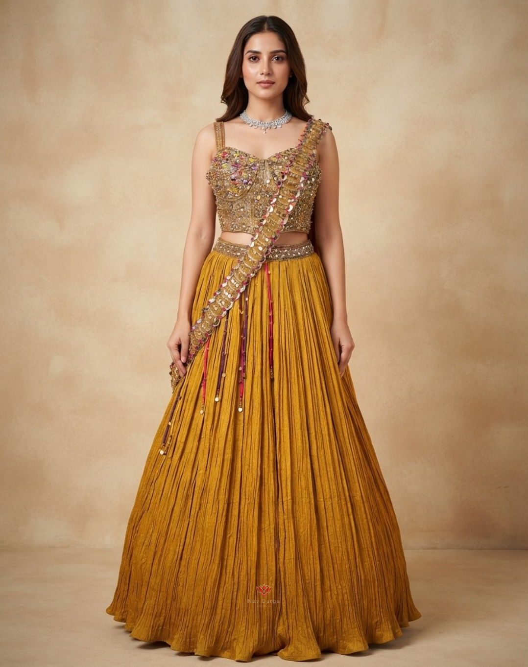 Sunehri Noor | Zari & Mirror Work Mustard Tissue Lehenga