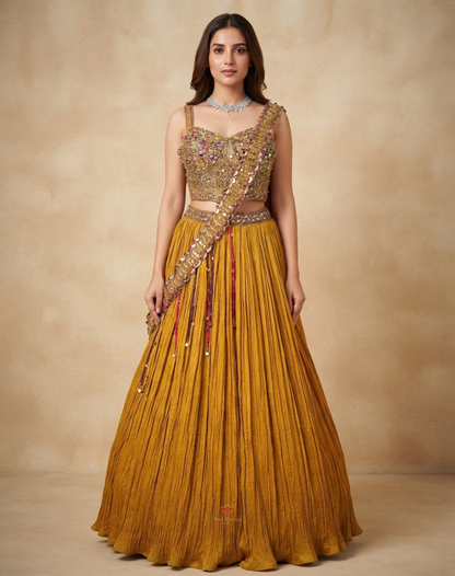 Sunehri Noor | Zari & Mirror Work Mustard Tissue Lehenga