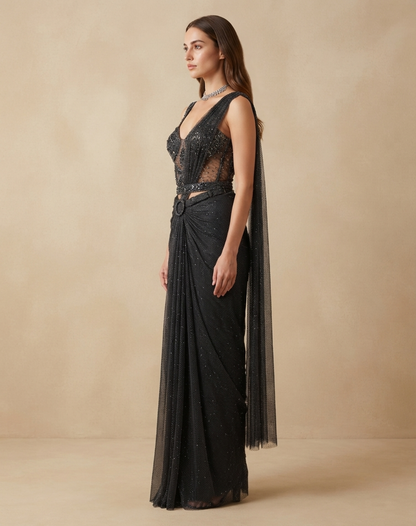 Black Drape Skirt & Corset Blouse Set