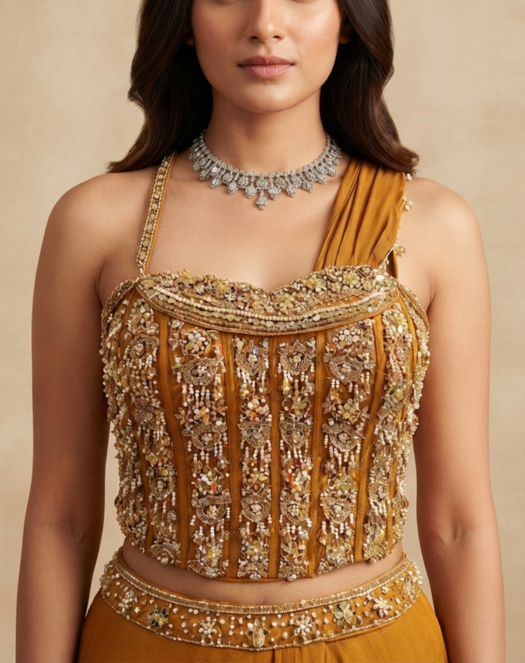 Mustard Mirror-Embellished Draped Skirt Set