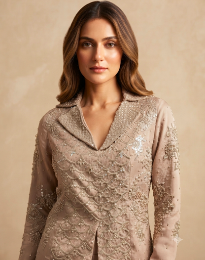 Dusty Rose Sequin Tuxedo Palazzo Set