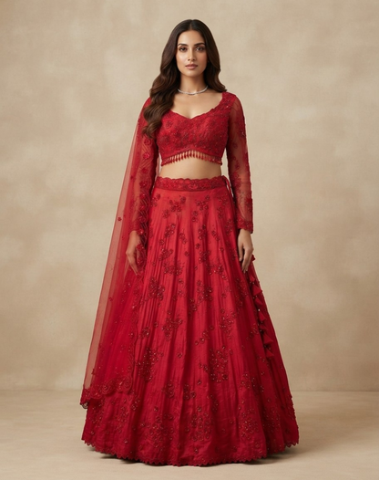 Scarlet Bloom | Cutdana & Crystal Embellished Lehenga