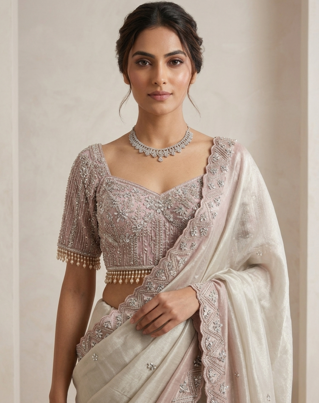 Lustre Veil | Cutdana & Crystal Embellished Kanjivaram Saree