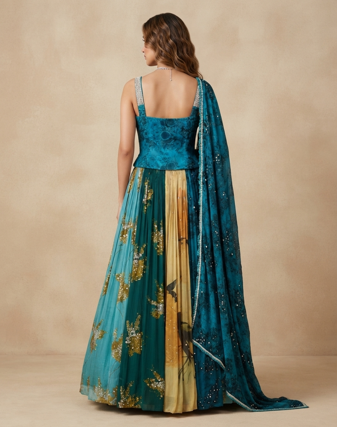 Teal Blue Printed Lehenga with Corset-Style Blouse