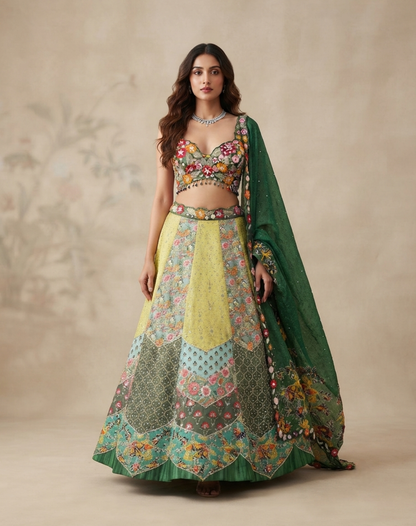 Verdant Bloom | Floral Embroidered Tissue Lehenga