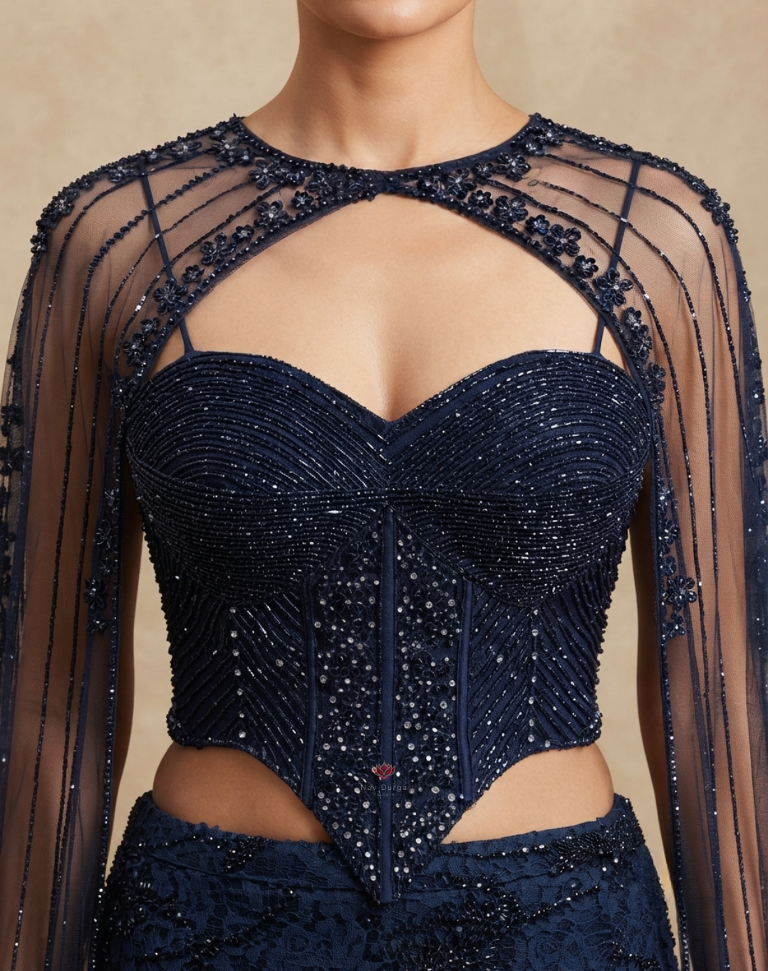 Midnight Muse | Beaded & Crystal Embellished Navy Blue Indo-Western Set