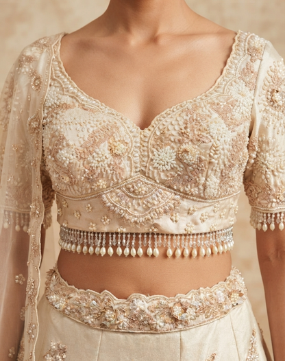 Ivory Bloom | Pearl & Crystal Embellished Tissue Lehenga