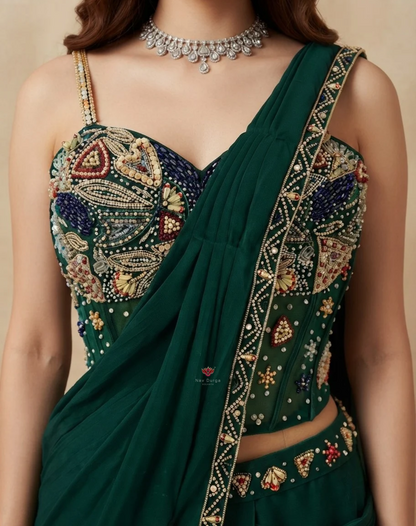 Emerald Muse | Pearl & Mirror Embellished Chinon Saree