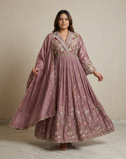 Dusty Mauve Embroidered Tissue Suit Set
