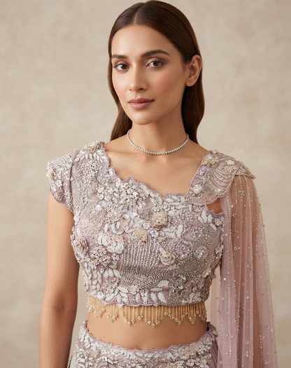 Dusty Rose Draped Skirt & Cape Blouse Set