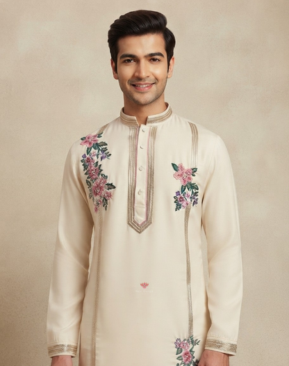 Floral Charm | Sequin, Bead & Thread Embroidered Men's Indo-Western Kurta Set