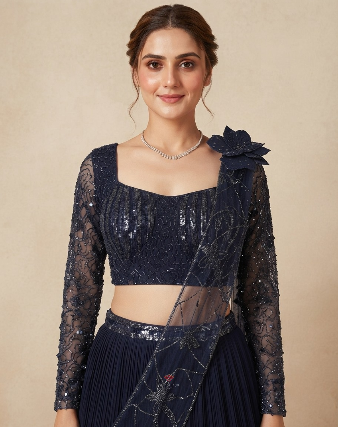 Midnight Bloom | Cutdana & Stone Embellished Navy Blue Georgette Lehenga