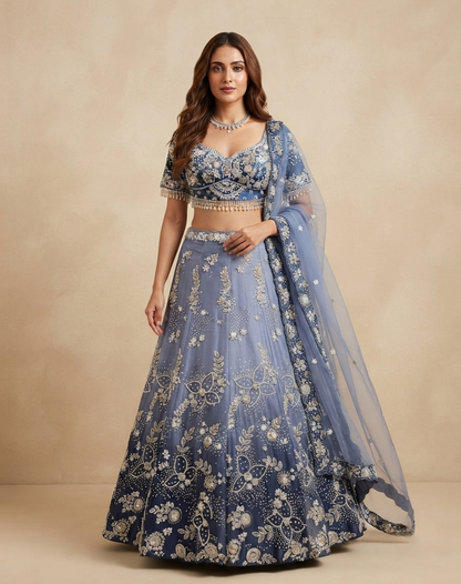 Ivory Bloom | Pearl & Crystal Embellished Tissue Lehenga