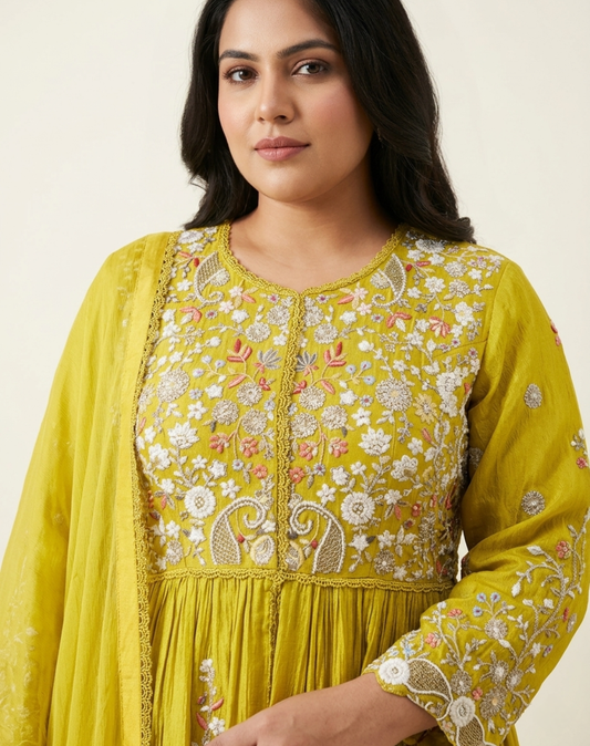 Mustard Yellow Embroidered Chinon Suit Set