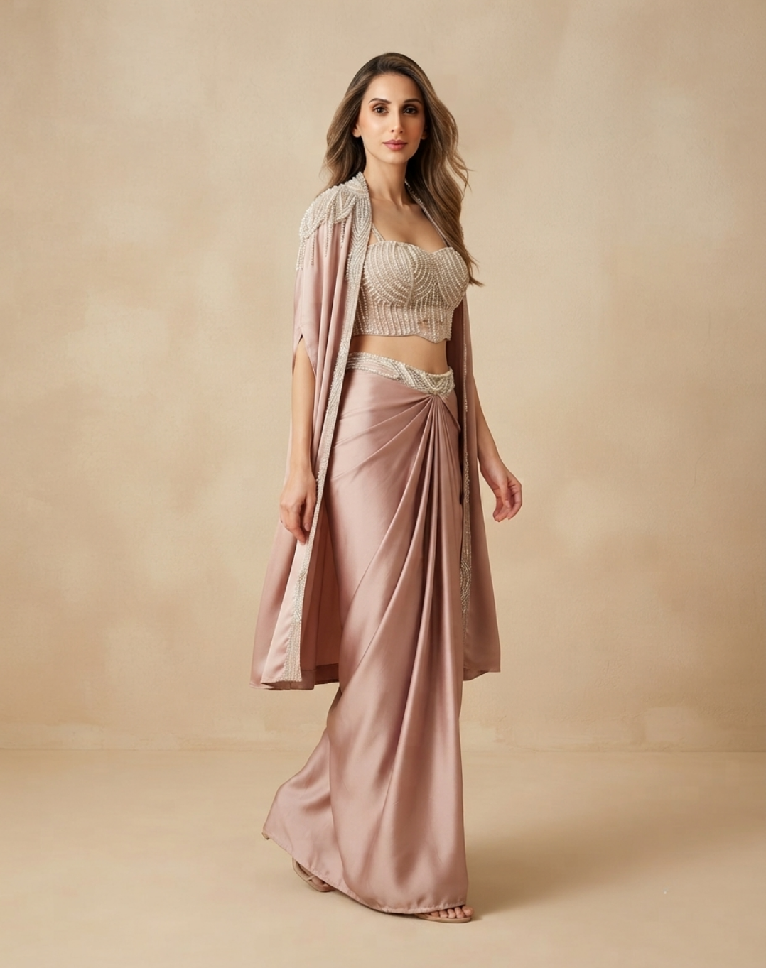 Dusty Rose Pink Draped Indo-Western Set with Pearl-Embellished Blouse