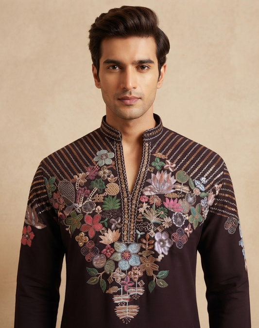 Floral Noir | Multicolor Thread & Zari Embroidered Cotton Silk Indo-Western