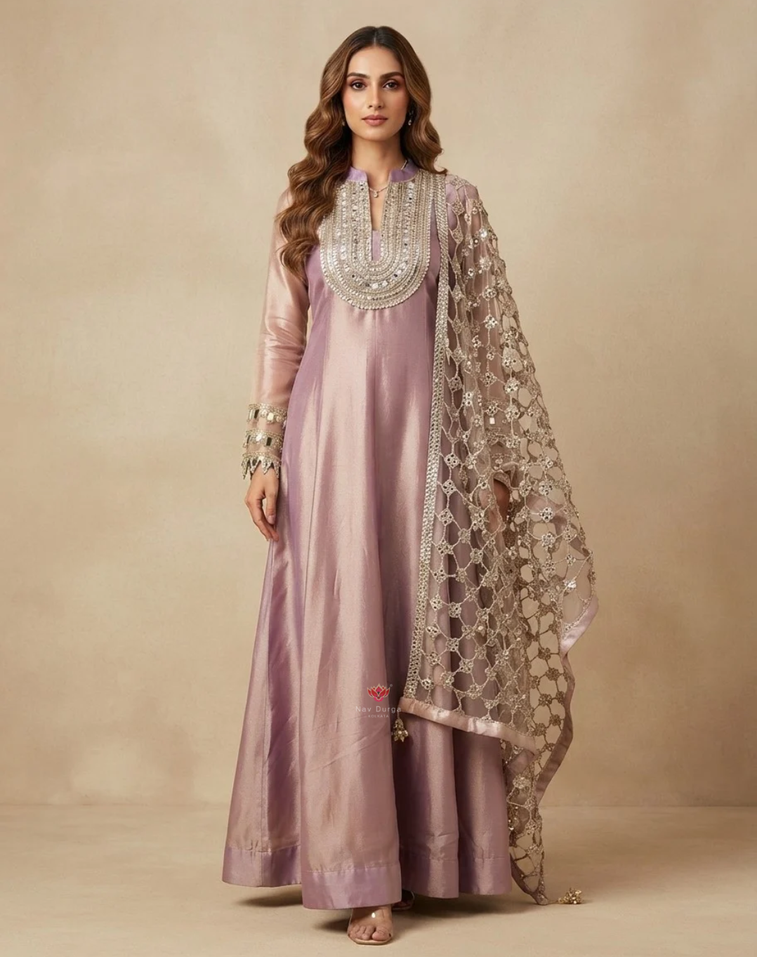 Moonlit Mauve | Zari, Sequin & Mirror Work Tissue Anarkali Suit