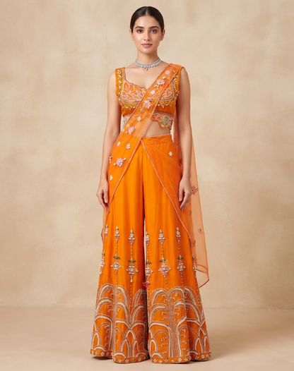 Saffron Bloom | Resham & Zardosi Embellished Palazzo Set
