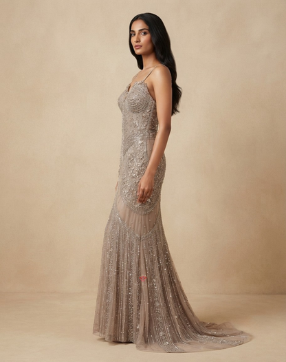 Moonlit Taupe | Cutdana & Sequin Embellished Mermaid Gown