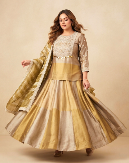 Champagne Gold Embroidered Tissue Suit Set