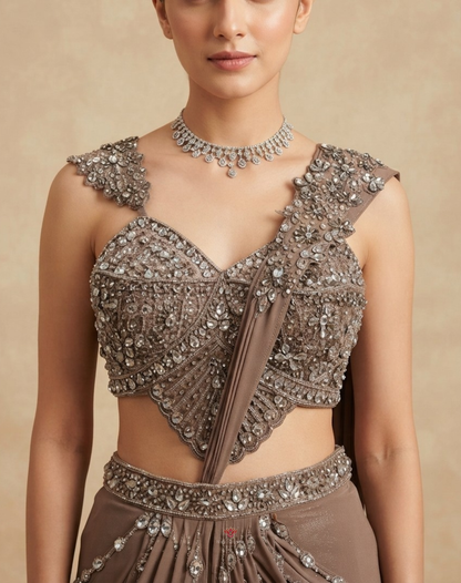 Mocha Muse | Crystal & Zari Embellished Taupe Mocha Drape Saree