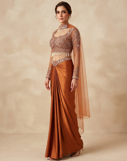 Burnt Copper Draped Skirt Set