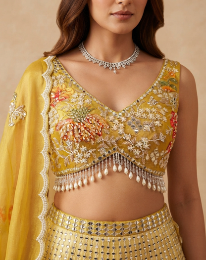 Marigold Bloom | Multicolour Mirror & Floral Embroidered Lehenga