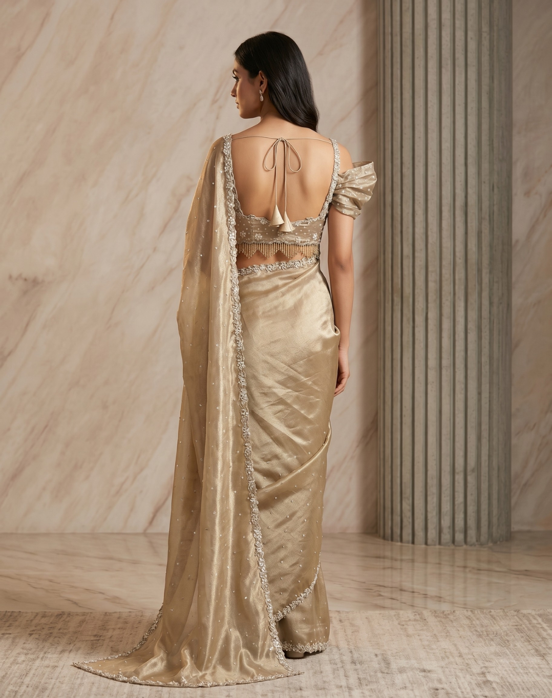 Petal Gleam | Cutdana & Crystal Embellished Glass Tissue Saree