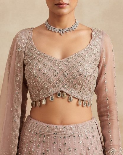 Sage Mist | Mirror & Cutdana Embellished Kanjivaram Lehenga