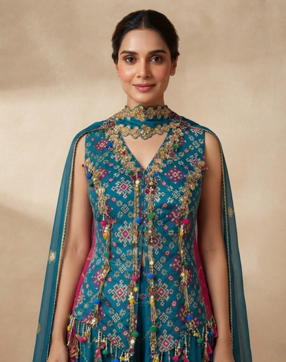 Rangrez Riwaayat | Zari & Mirror Work Printed Banarasi Indo-Western Set