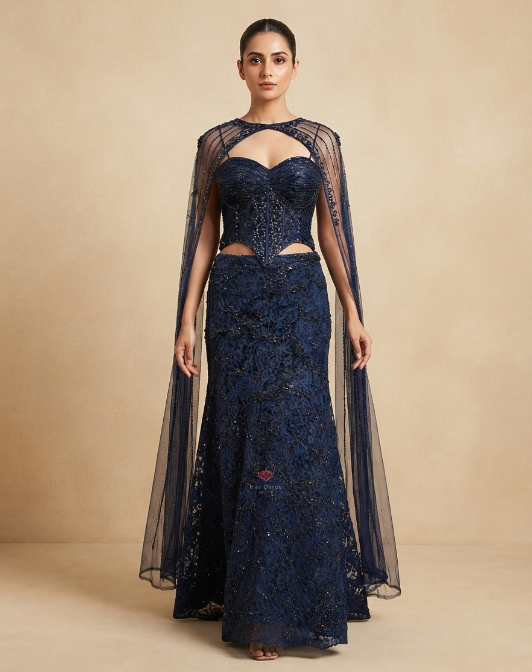 Midnight Muse | Beaded & Crystal Embellished Navy Blue Indo-Western Set