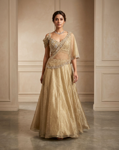 Champagne Gold Kashmiri Drape Skirt & Blouse Set