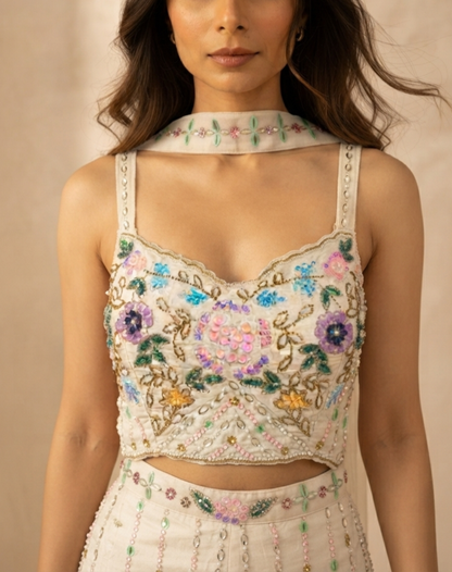 Ivory Floral Embellished Bamber Silk Jumpsuit