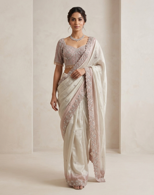 Lustre Veil | Cutdana & Crystal Embellished Kanjivaram Saree