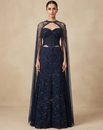 Midnight Muse | Beaded & Crystal Embellished Navy Blue Indo-Western Set