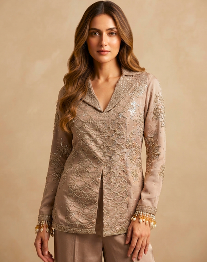 Dusty Rose Sequin Tuxedo Palazzo Set