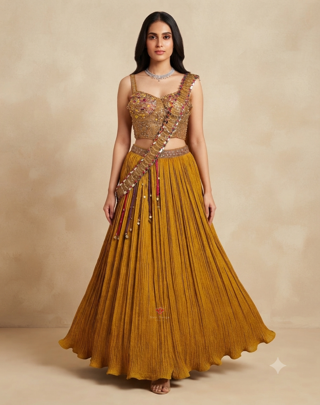 Sunehri Noor | Zari & Mirror Work Mustard Tissue Lehenga
