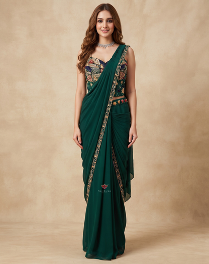 Emerald Muse | Pearl & Mirror Embellished Chinon Saree