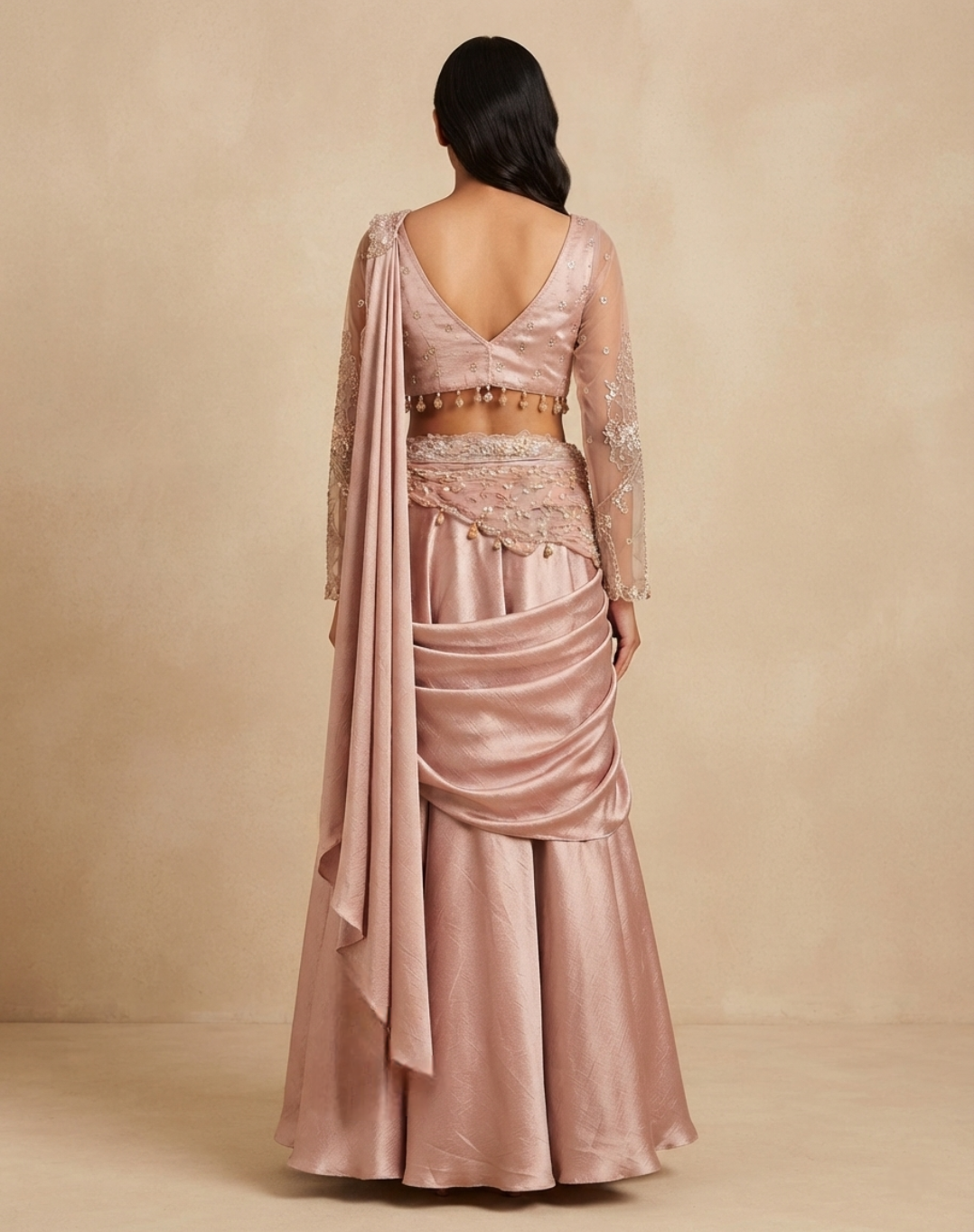 Dusty Rose Embellished Draped Skirt & Blouse Set