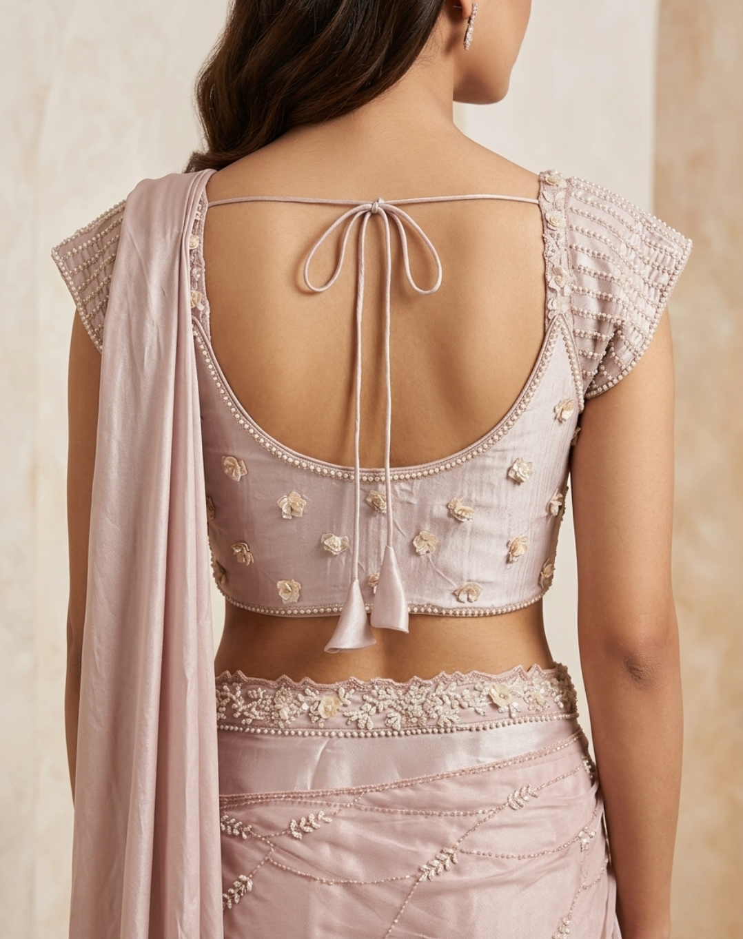 Moonlit Mauve Draped Saree with Pearl-Embroidered Blouse