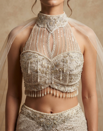 Pearl White Embellished Draped Skirt Set
