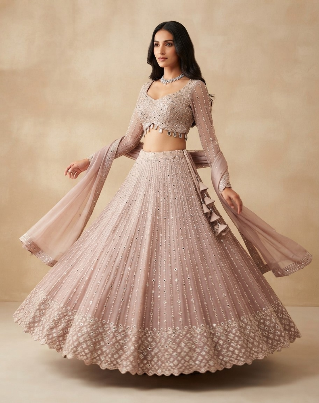 Sage Mist | Mirror & Cutdana Embellished Kanjivaram Lehenga