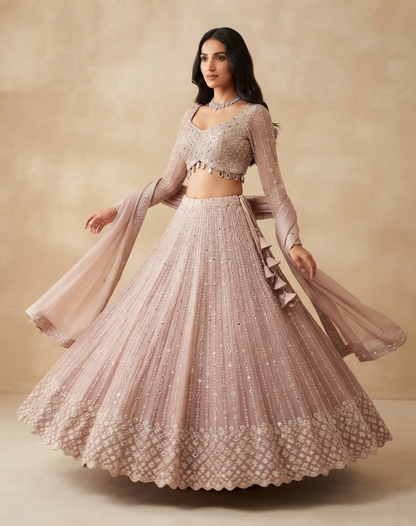 Sage Mist | Mirror & Cutdana Embellished Kanjivaram Lehenga
