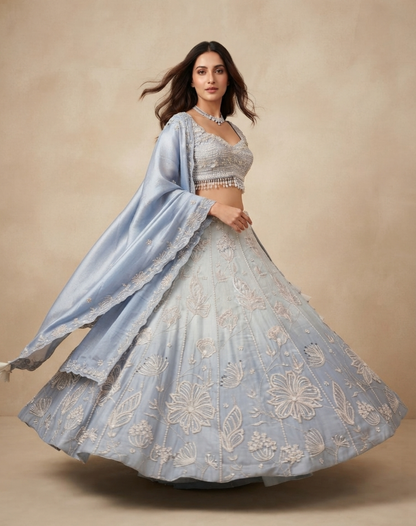 Frosted Bloom | Powder Blue Floral Embroidered Lehenga