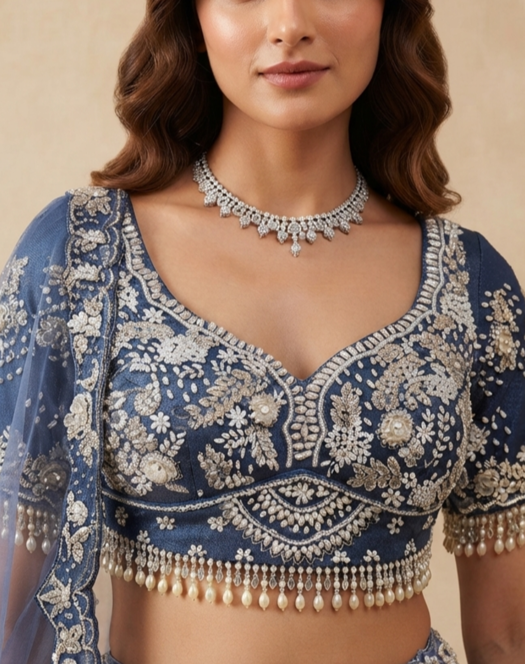 Ivory Bloom | Pearl & Crystal Embellished Tissue Lehenga