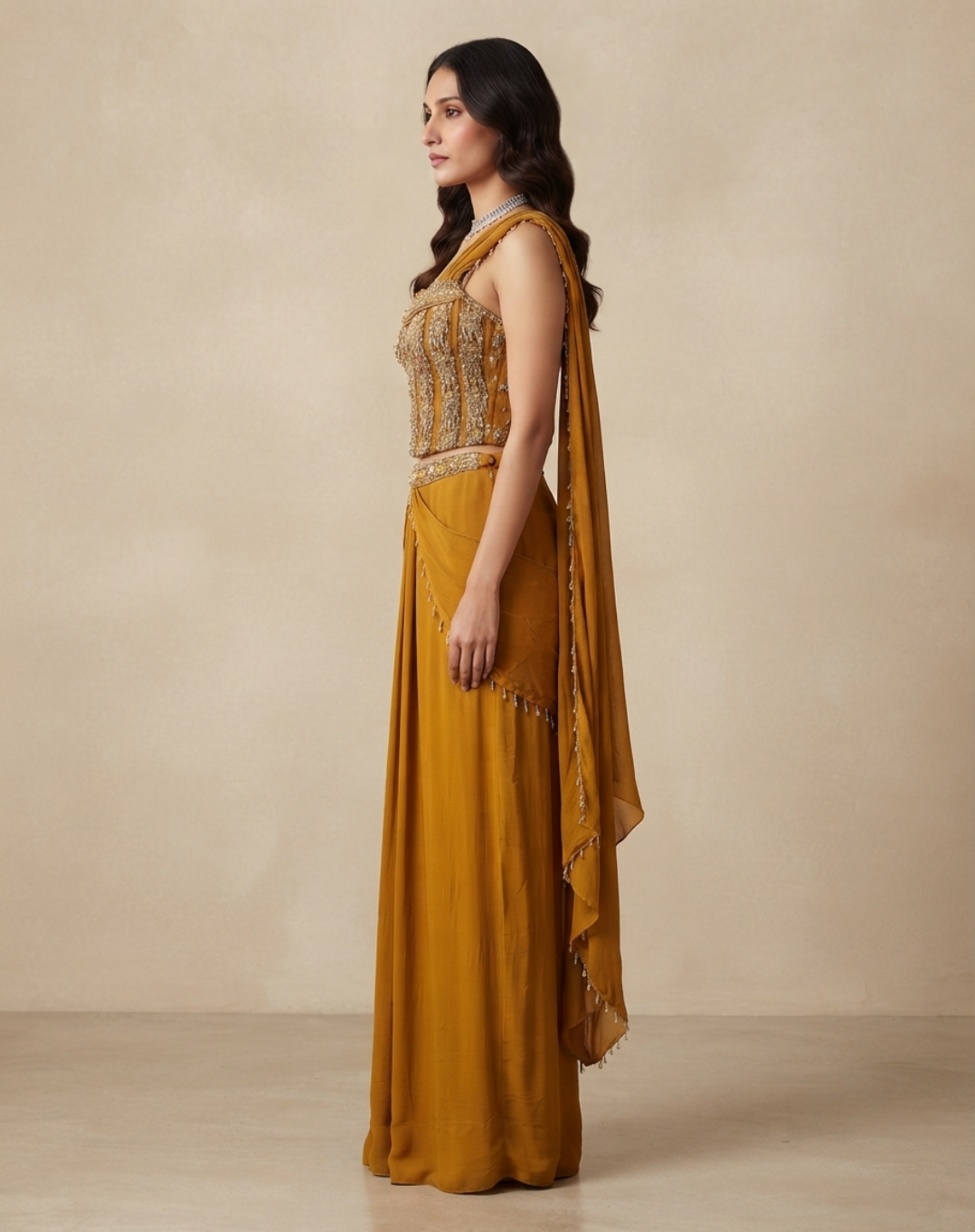 Mustard Mirror-Embellished Draped Skirt Set