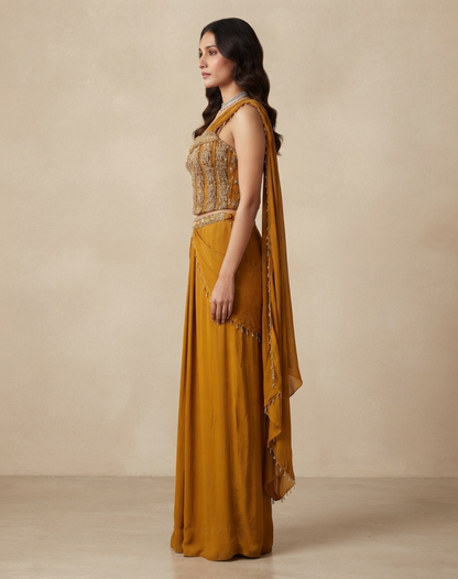 Mustard Mirror-Embellished Draped Skirt Set