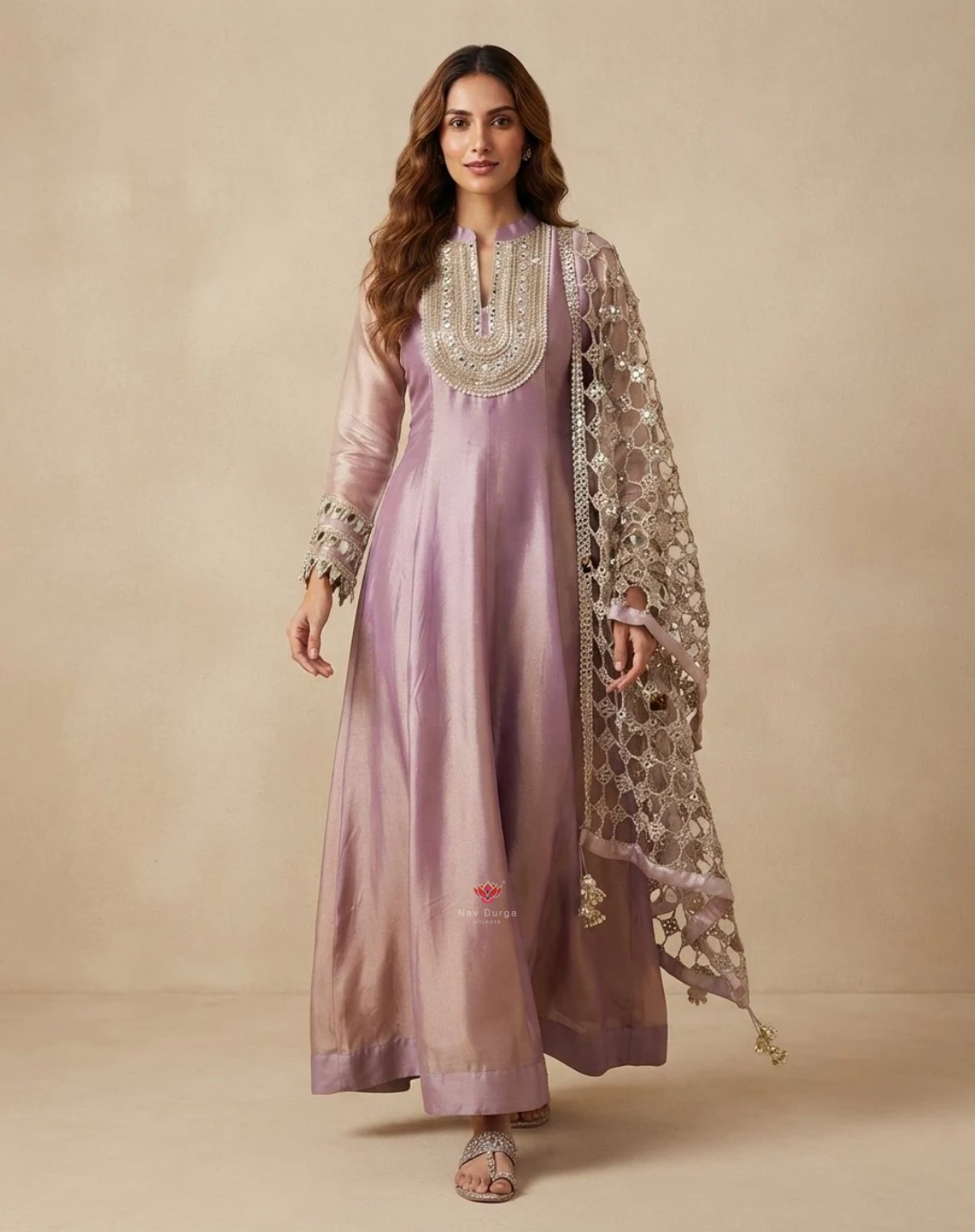 Moonlit Mauve | Zari, Sequin & Mirror Work Tissue Anarkali Suit