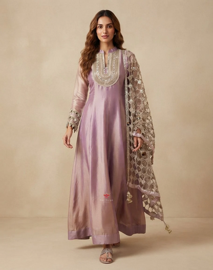 Moonlit Mauve | Zari, Sequin & Mirror Work Tissue Anarkali Suit