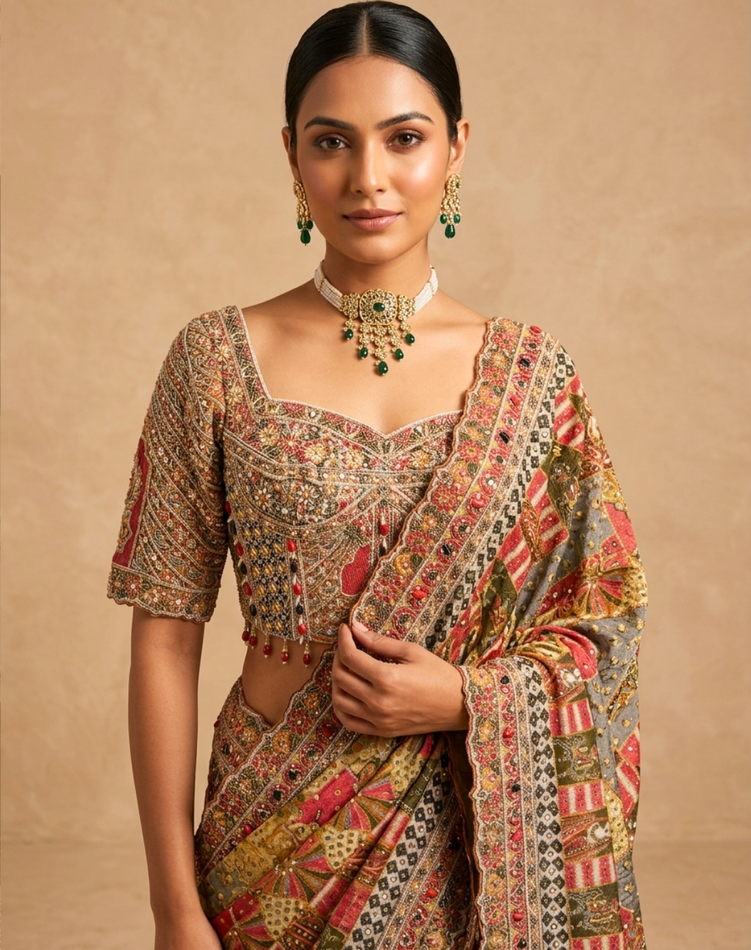 Handcrafted Dabka & Zardosi Tissue Saree with Heritage Art Print